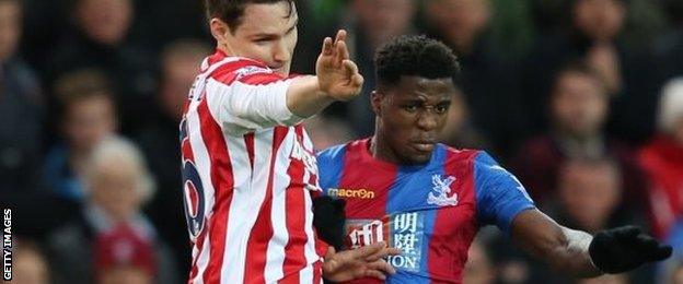 Wilfried Zaha, right, worked hard down the right to give Palace an outlet and stop Stoke from pouring forward with all of their attacking resources