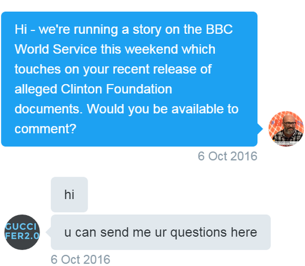 Tweets: Reporter: We're doing a story about you this weekend on the BBC World Service. Would be great to hear your thoughts. Hacker: hi. u can send me your questions here