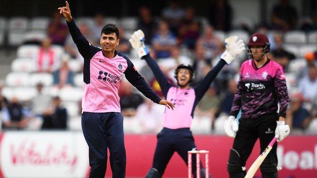 Mujeeb Ur Rahman of Middlesex appeals successfully for the LBW of Craig Overton of Somerset