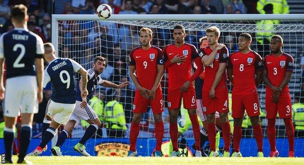 Leigh Griffiths curls in the first of his two free-kicks