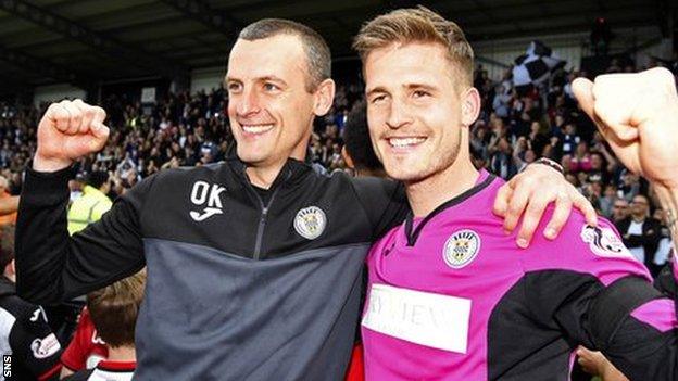 Kearney (left) kept St Mirren in the Scottish Premiership via the play-off