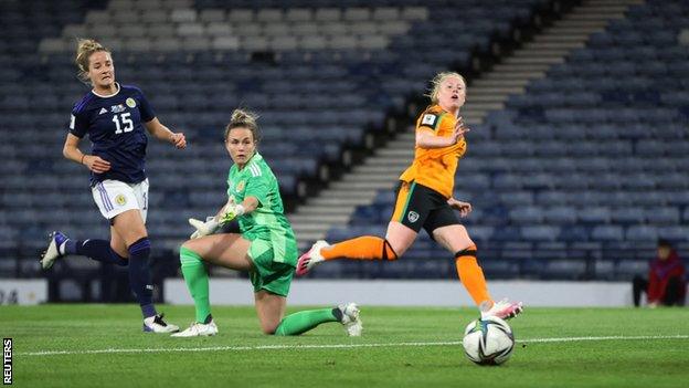 Republic of Ireland's Amber Barrett scores their first goal against Scotland