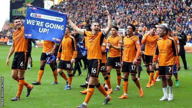 Wolves skipper Conor Coady led the post-match promotion celebrations with club captain Danny Batth (left) at Molineux following Sunday's 2-0 derby win over Birmingham City