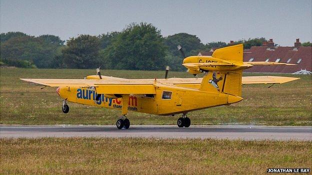 G-Joey landing at Guernsey Airport to complete the plane's last flight