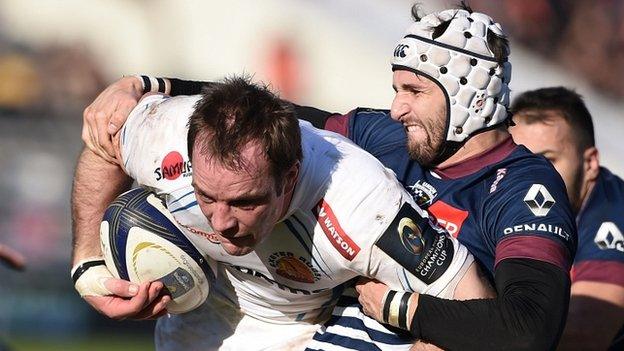 Exeter's Kai Horstmann and Bordeaux's Romain Lonca