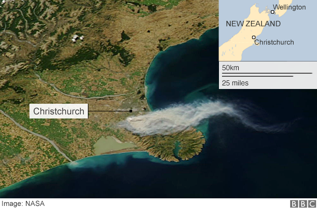 Satellite image showing the cloud from fires near Christchurch