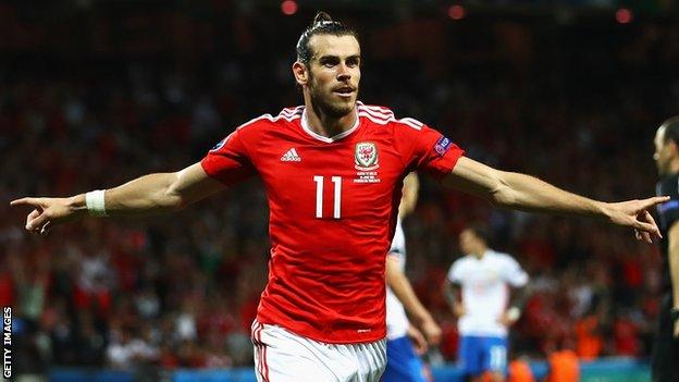 Gareth Bale celebrates after scoring against Russia at Euro 2016