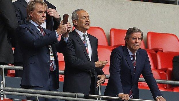 Villa co-owners Wes Edens (left) and Nassef Sawiris (centre) were alongside chief executive Christian Purslow at Wembley