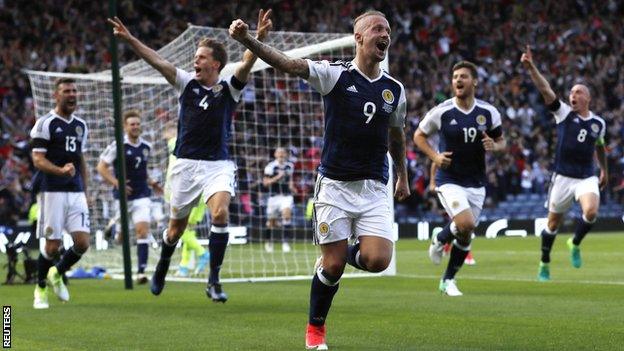 Leigh Griffiths celebrates one of his two strikes against England in the World Cup qualifier at Hampden