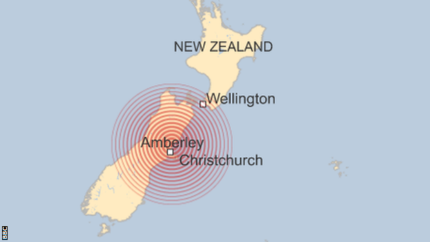 A map showing the epicentre of the earthquake in New Zealand