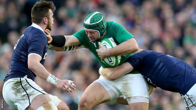 Rory Best is tackled by Scotland's Ryan Wilson and David Denton in last year's Six Nations game at Murrayfield