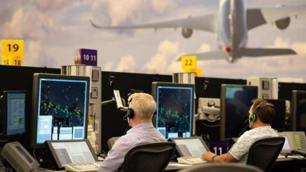 Two air traffic controllers wearing headphones view flights on screens. An airborne plane can be seen in the backgrond.