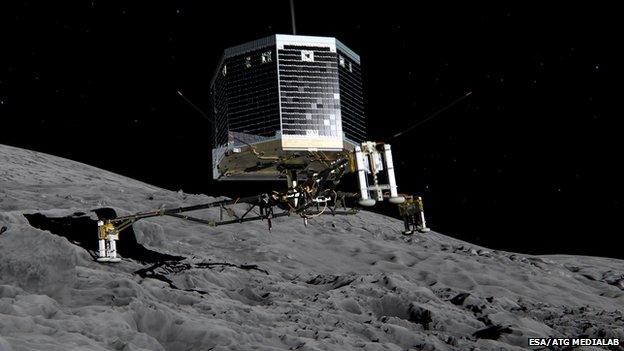 An artists' impression of Rosettas lander Philae landing on Comet 67P/Churyumov-Gerasimenko