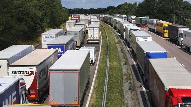 Lorries queued as part of Operation Stack along the north and southbound carriageways of the M20 in Ashford, Kent, on Wednesday