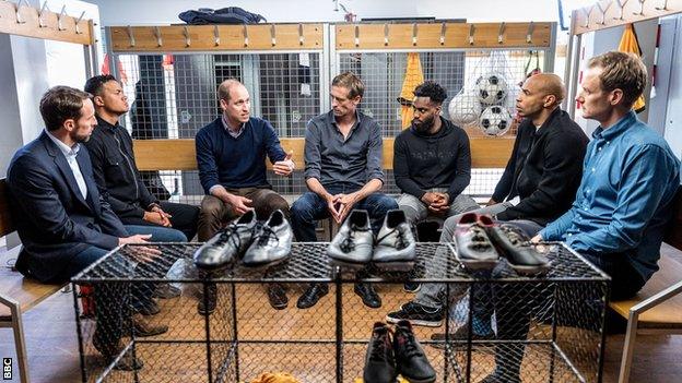 (L-R) Gareth Southgate, pundit Jermaine Jenas, The Duke of Cambridge, Burnley footballer Peter Crouch, Tottenham Hotspur footballer Danny Rose, former Arsenal footballer Thierry Henry and TV presenter Dan Walker in the new BBC One film "A Royal Team Talk: Tackling Mental Health".