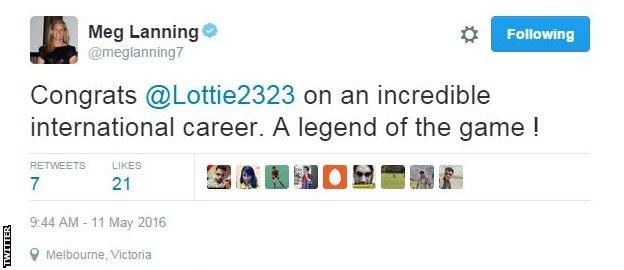 Australia captain Meg Lanning tweeted her congratulations to Edwards