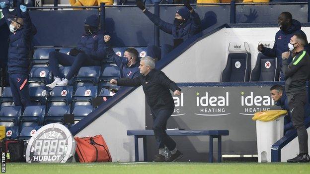 Jose Mourinho celebrates Tottenham's late winner at West Brom