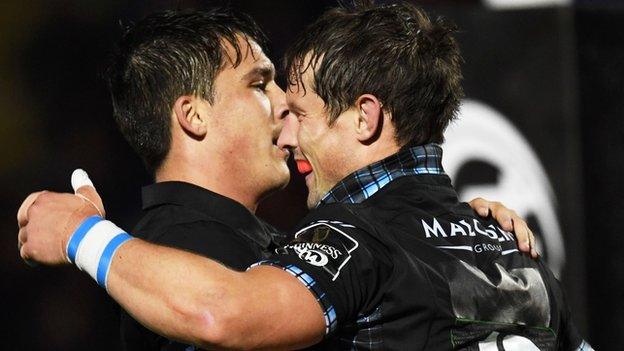 Glasgow Warriors' Peter Horne (right) celebrates with teammate Sam Johnson.