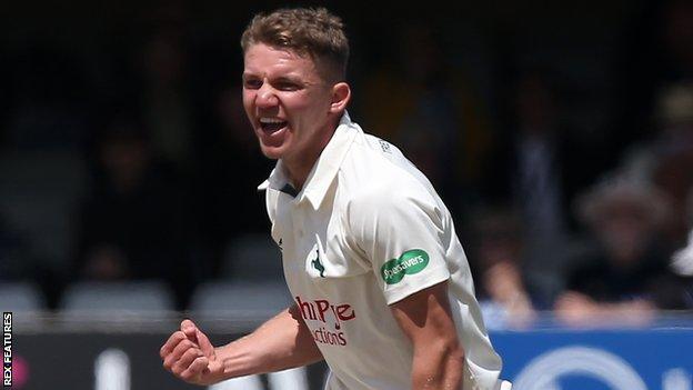 Matt Milnes takes a wicket for Nottinghamshire