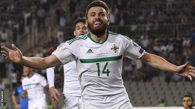 Stuart Dallas celebrates scoring his last-gasp goal against Azerbaijan