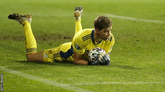 Bailey Peacock-Farrell makes a save in Sarajevo last month