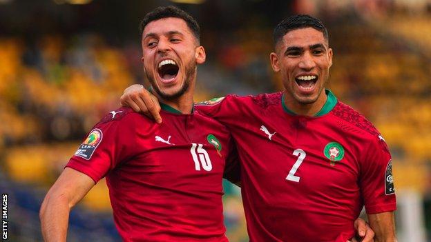 Selim Amallah of Morocco celebrates his goal with Achraf Hakimi