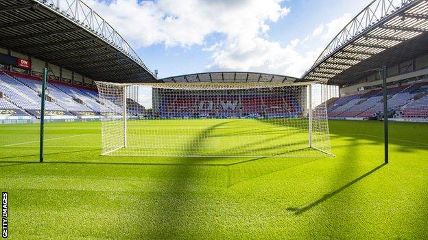 One set of goalposts at the DW Stadium ahead of Wigan's 3-1 home defeat to Cardiff