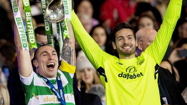 Scott Brown and Craig Gordon celebrate winning with the Scottish League Cup