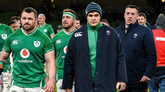 Garry Ringrose walks off the field with Ireland team-mates Cian Healy and Rob Herring after Ireland's unconvincing win over Scotland