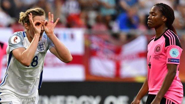 England's Ellen White and Scotland defender Ifeoma Dieke