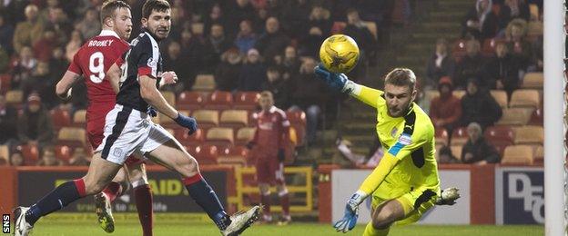 Dundee goalkeeper Scott Bain saves an Adam Rooney effort at Pittodrie on Friday