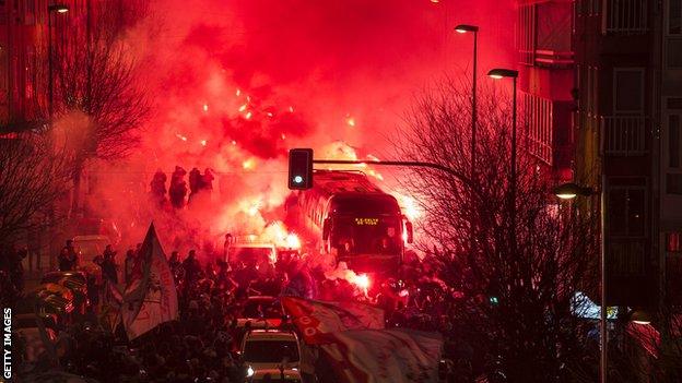 Celta Vigo fans outside Estadio Balaidos lit flares to greet the coach carrying their team ahead of the Copa del Rey aggregate win over Real Madrid in January