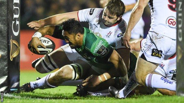 Bundee Aki stretches out to score a try for Connacht in the Galway game against Ulster