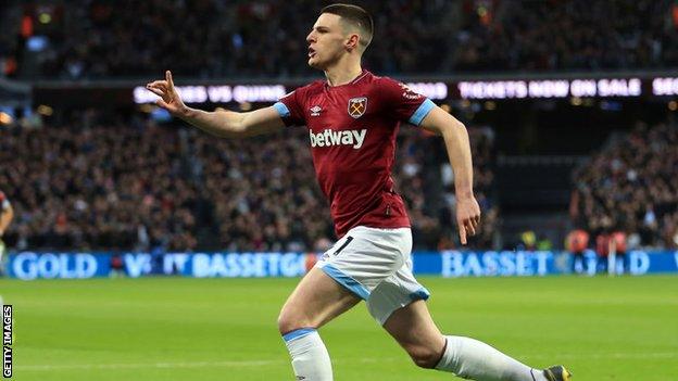 West Ham's Declan Rice celebrates scoring against Newcastle