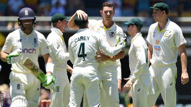 Josh Hazlewood celebrates the wicket of Jos Buttler