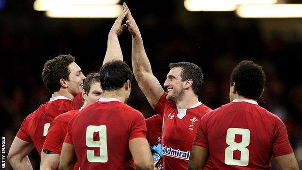 George North and Sam Warburton celebrate following their team's victory in the 2013 Six Nations match