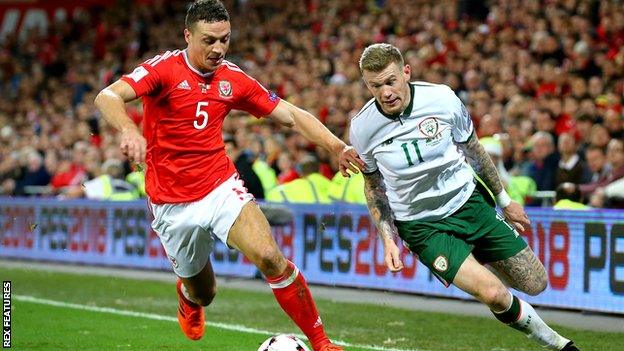 James Chester (left) will join Wales team-mates Joe Allen, Sam Vokes and Adam Davies at Stoke - and the Republic of Ireland's James McClean (right)