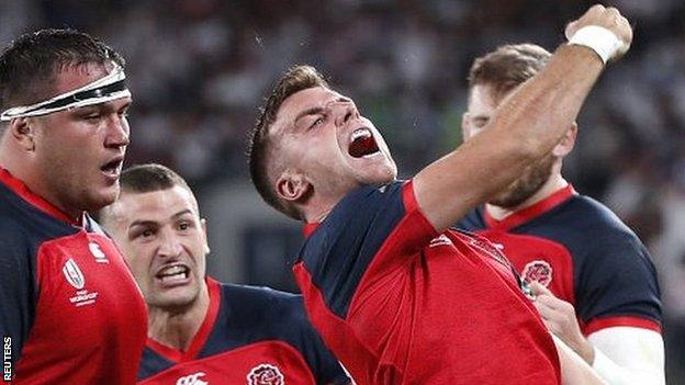 George Ford celebrates scoring for England against Argentina