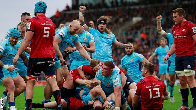 Luke Cowan-Dickie (bottom centre) scores for Exeter