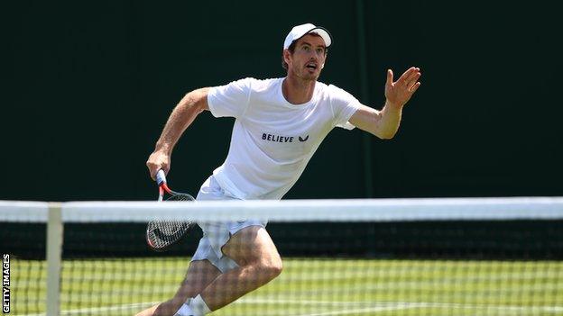 Andy Murray practises at Wimbledon