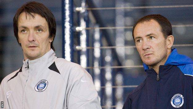 Stranraer manager Gerry Britton and assistant manager Derek Ferguson