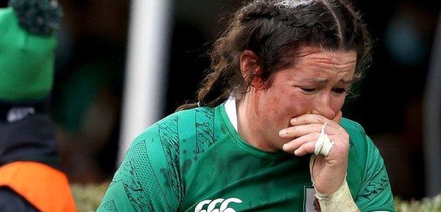 Ireland number eight Hannah O'Connor is distraught after receiving a red card in the first half against Japan