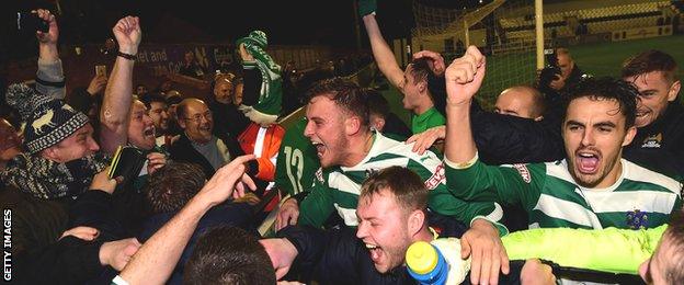 Northwich Victoria celebrate their win over Boreham Wood