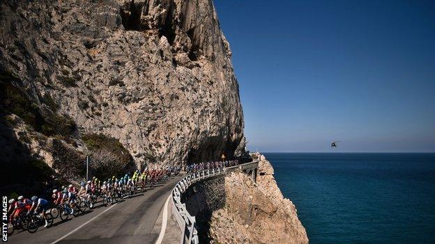 Riders competing during the Milan-San Remo race