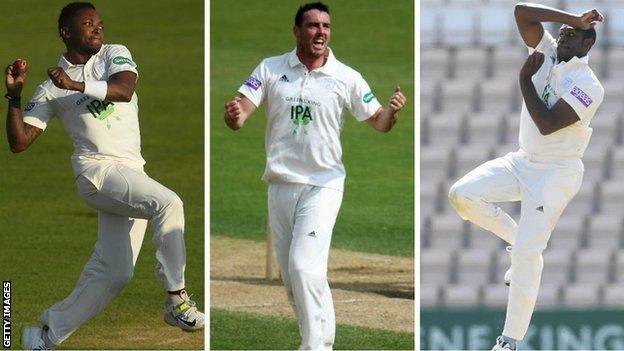 Fidel Edwards (left), Kyle Abbott and Keith Barker (right) shared 18 of the 20 Hampshire wickets between them in beating Notts