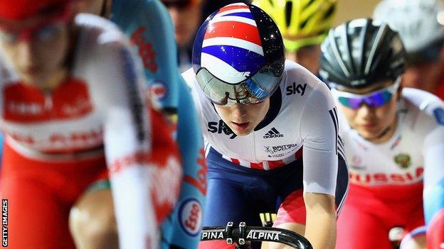 Elinor Barker on her way to victory in the points race at the Track World Cup event in the Netherlands