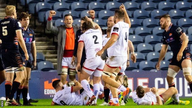 John Cooney scores a try for Ulster against Edinburgh