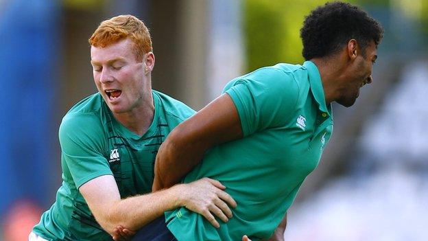 Nathan Doak and Robert Baloucoune during an Emerging Ireland training session in South Africa