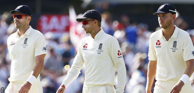 James Anderson, Joe Root and Stuart Broad look glum