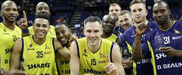 Sheffield Sharks celebrate winning the BBL play-offs title